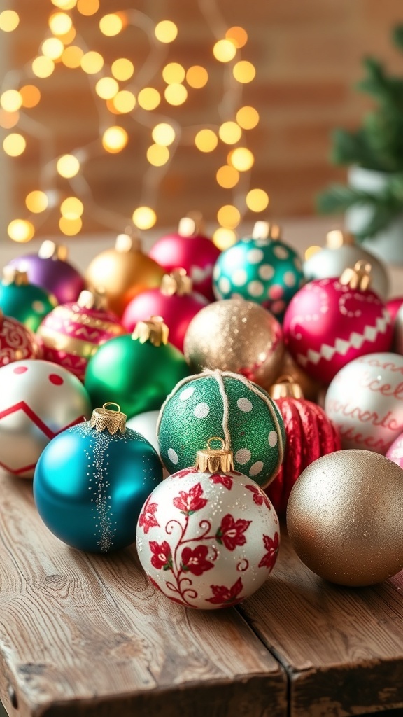 Colorful DIY Christmas ornament balls filled with glitter and paint on a wooden table with fairy lights.